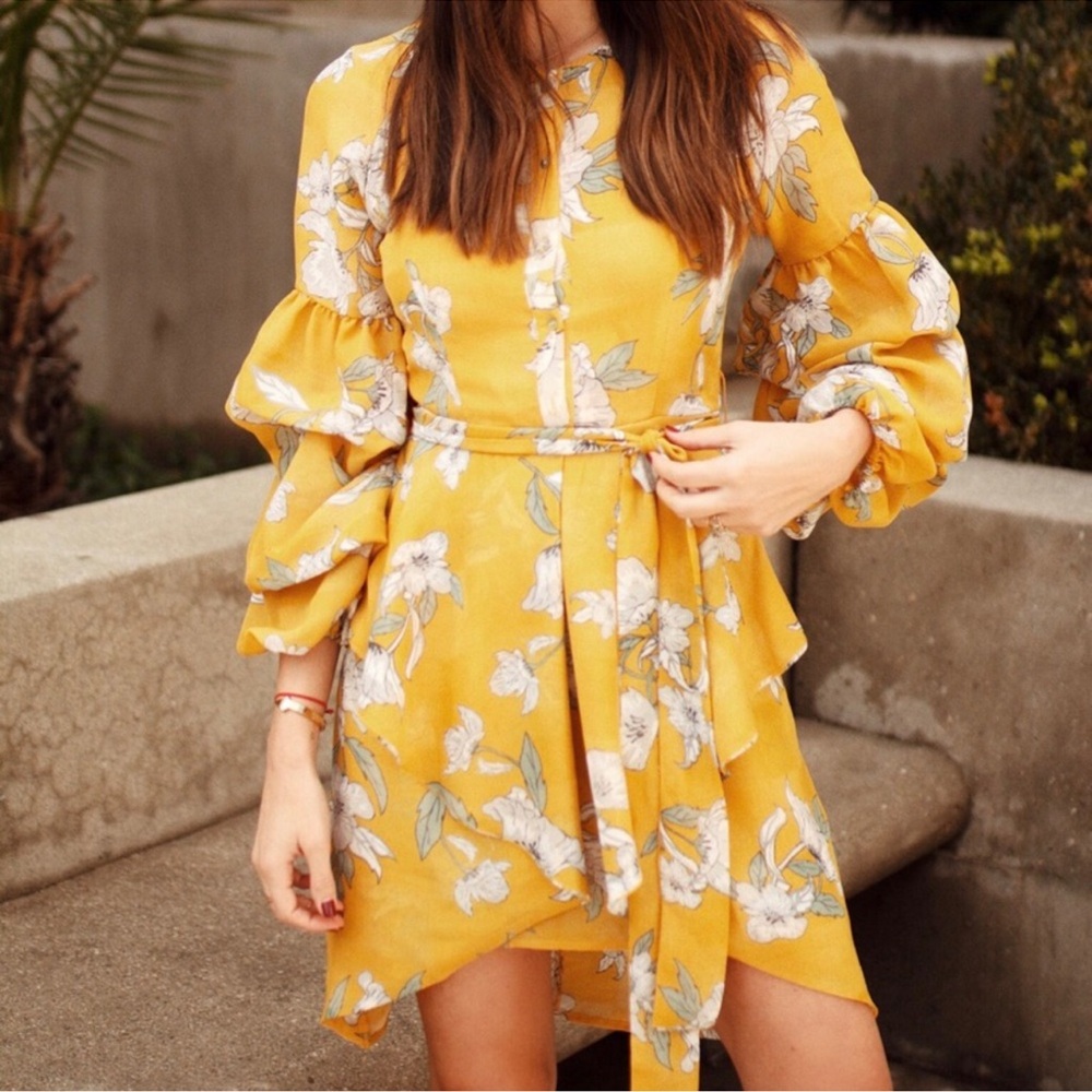 Chriselle x JOA Yellow Floral Puff Sleeve Mini Dress S - Picture 2 of 13